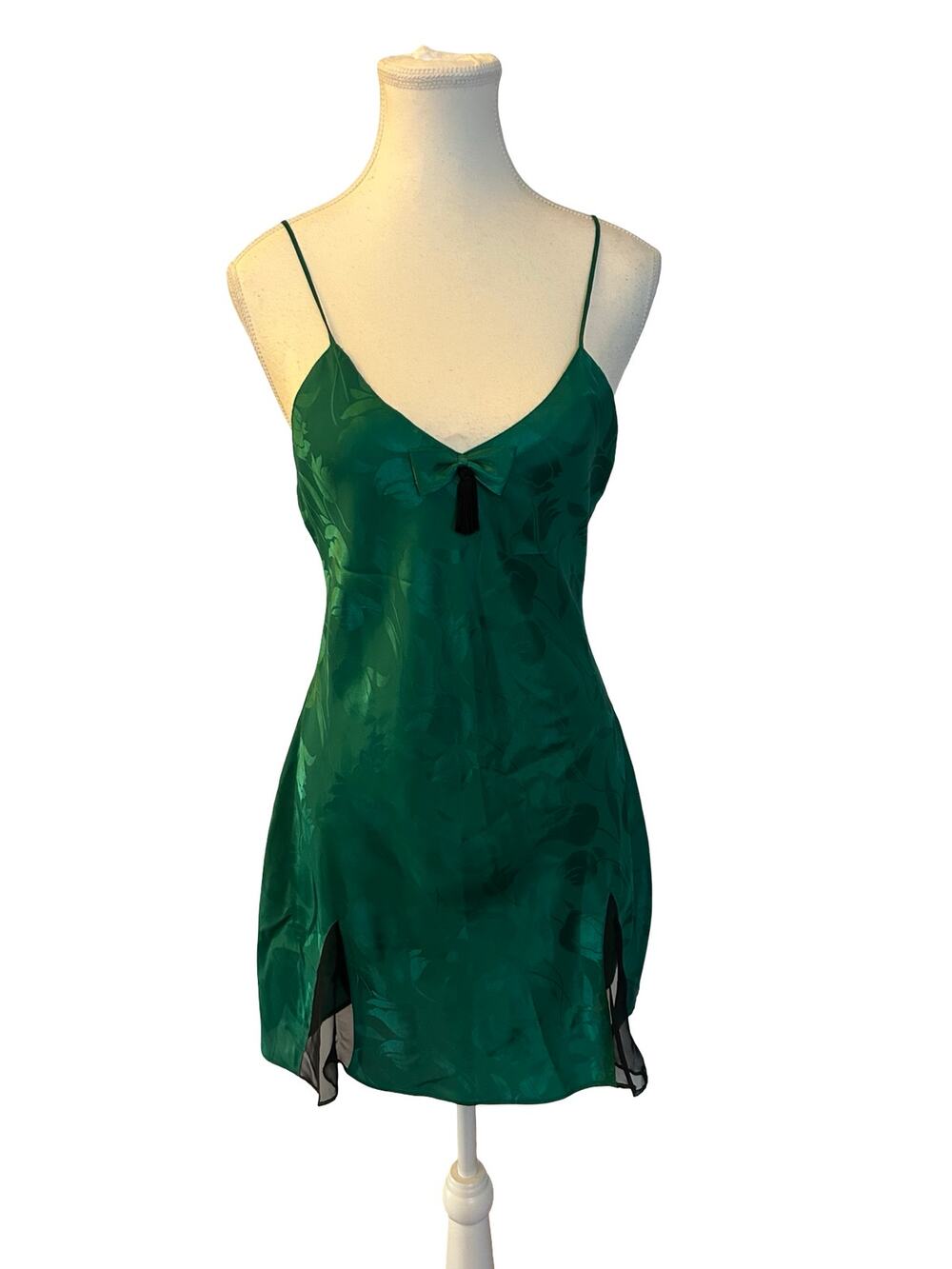 Victoria’s Secret Gold Label Green Satin Slip Dress – Vintage Y2K Tassel Detail